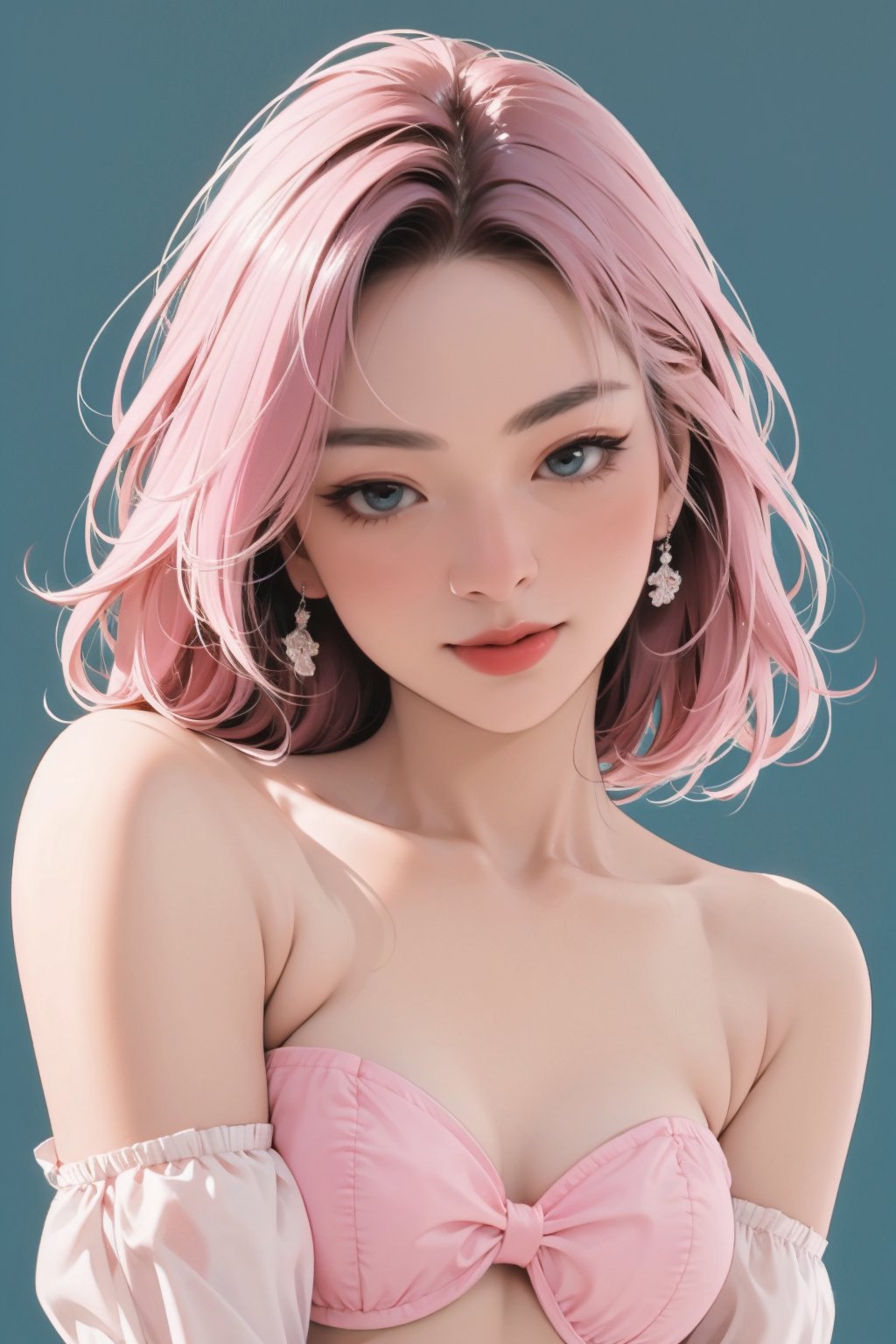 lustful, allure, sexy, 1girl, cyan pink hair, thigh up body, ((detailed beautiful face,)) detailed beautiful eyes, looking at viewer, translucent, intricate clothes, cutout clothes, navel cutout, cinematic lighting, different hairstyle, magazine cover, green background, sim