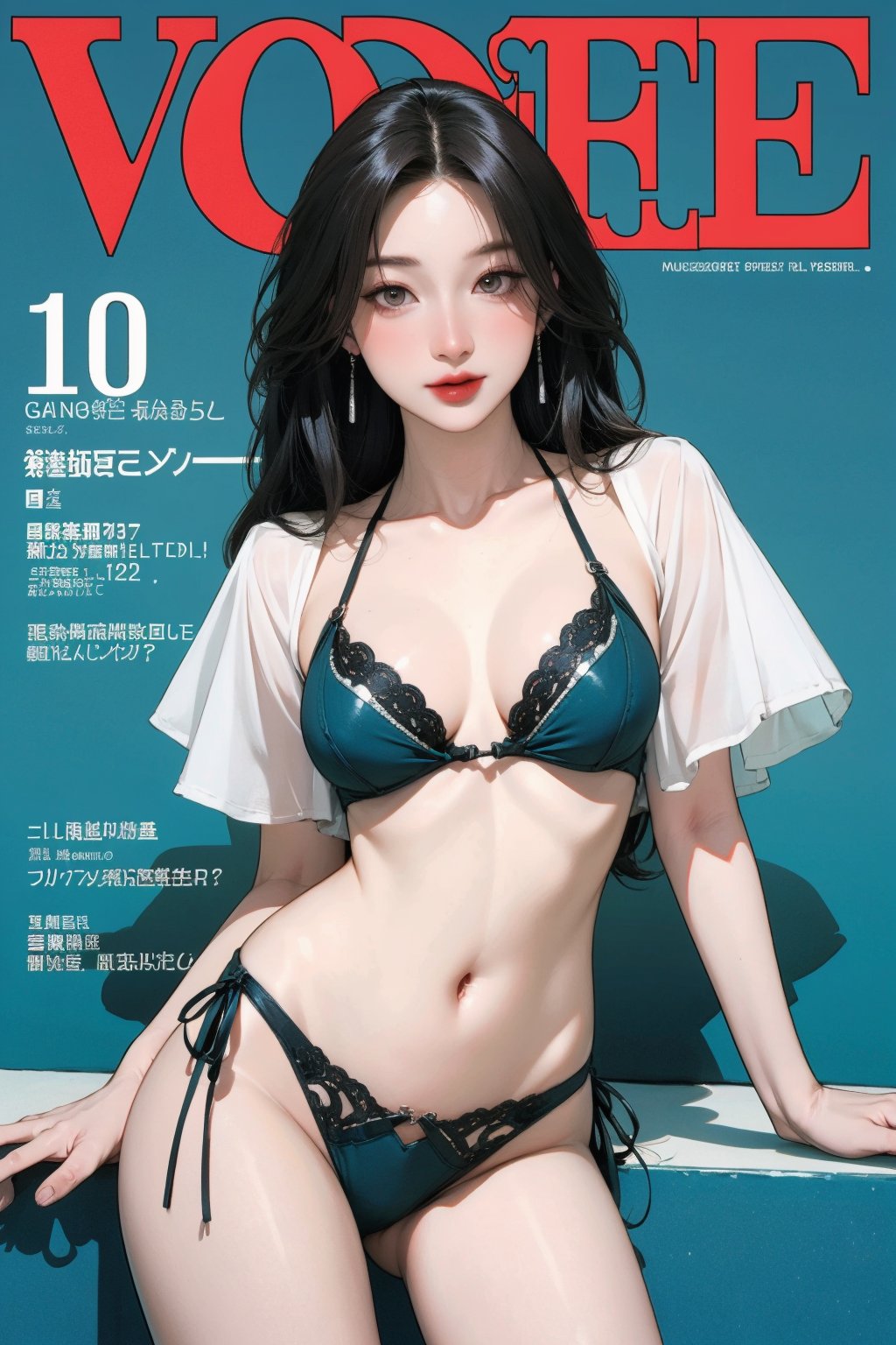 1girl, thigh up body, long hair, styled clothes, bikini, looking at viewer, detailed clothes, earrings, magazine cover, best quality, masterpiece, sea theme, huondey, htt