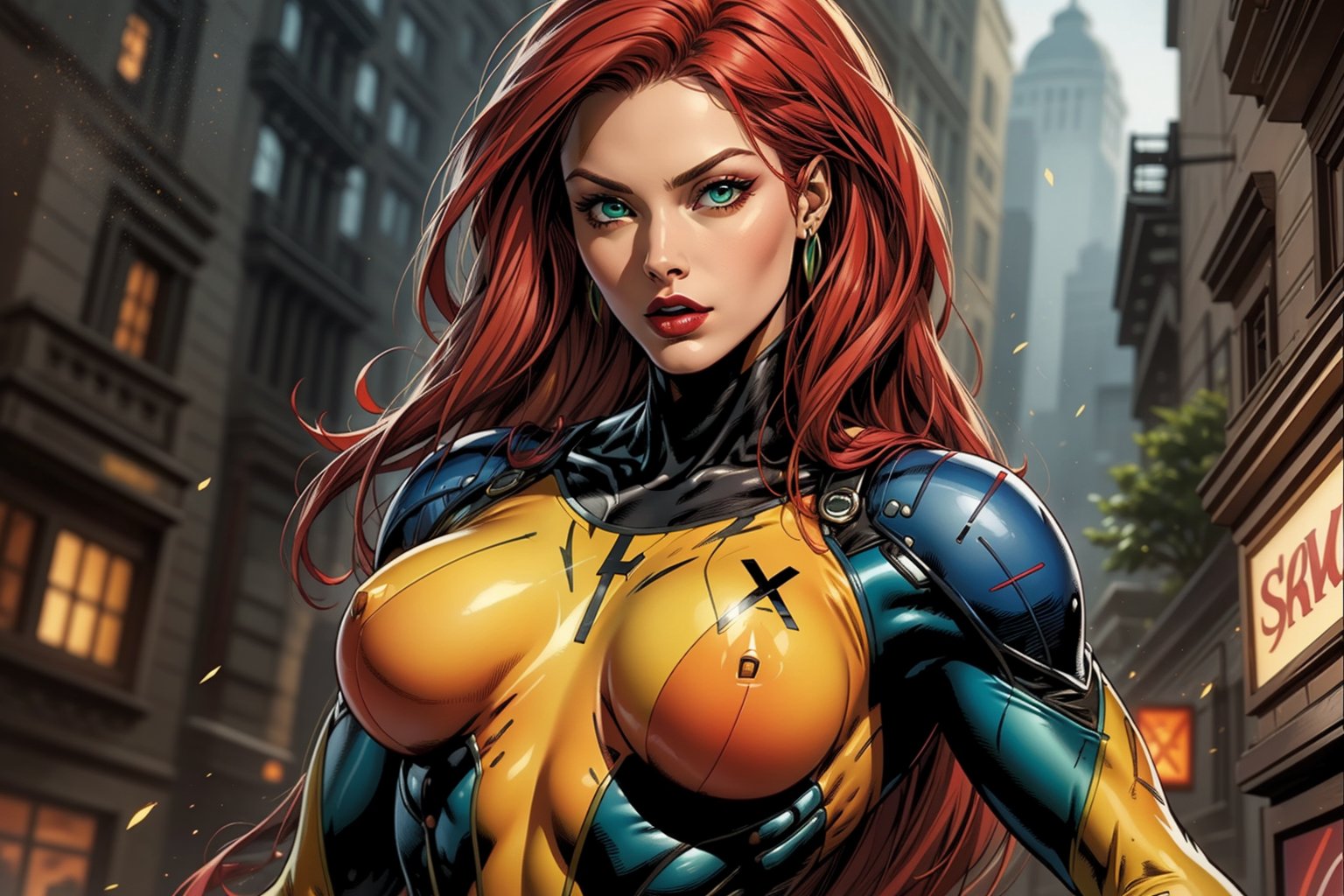 solo, jeangrey , body suit blue yellow, red long hair, green eyes, lipstick, skin tight, toned, full view, Xmen mansion background