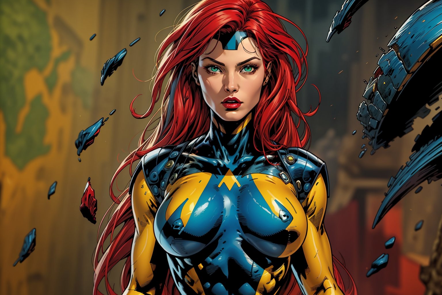 solo, jeangrey , body suit blue yellow, red long hair, green eyes, lipstick, skin tight, toned, Xmen mansion background