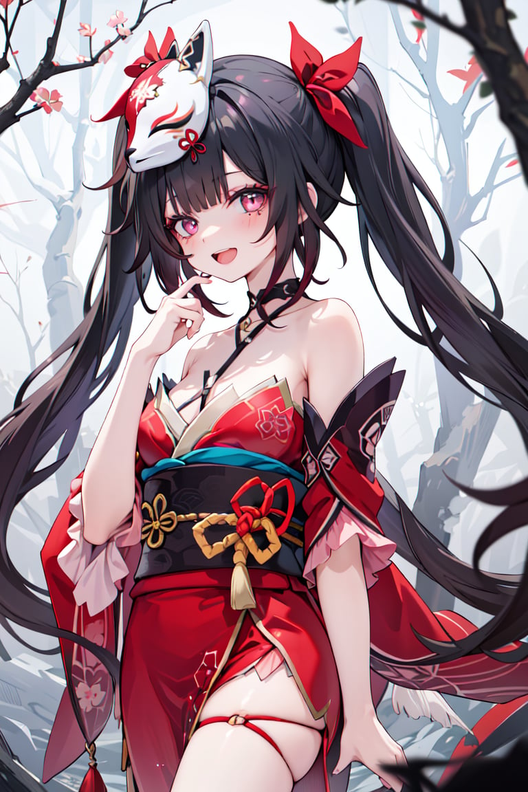 1girl, solo, <lora:shSparkle-000010:0.7>, shsparkle, fox mask, long hair, twintails, kimono, japanese clothes, looking at the viewer, open mouth smiling, in a eerie dark forest with lots of fog,