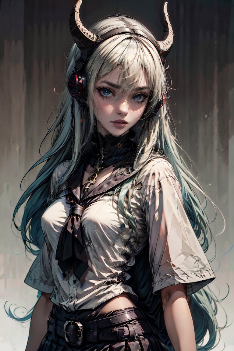 female, ((masterpiece, best quality, ultra detailed, absurdres):1.5), 1girl,solo,long hair,breasts,looking at viewer,bangsblue eyes,skirt,shirt,hair between eyes,jewelry,medium breasts,very long hair,white shirt,upper body,white hair,short sleeves,multicolored hair,pleated skirt,parted lips,horns,pointy ears,belt,black skirt,neckerchief,gradient,gradient background,headphones
,horns, school_uniform 
,demonhorns,hornsgirl