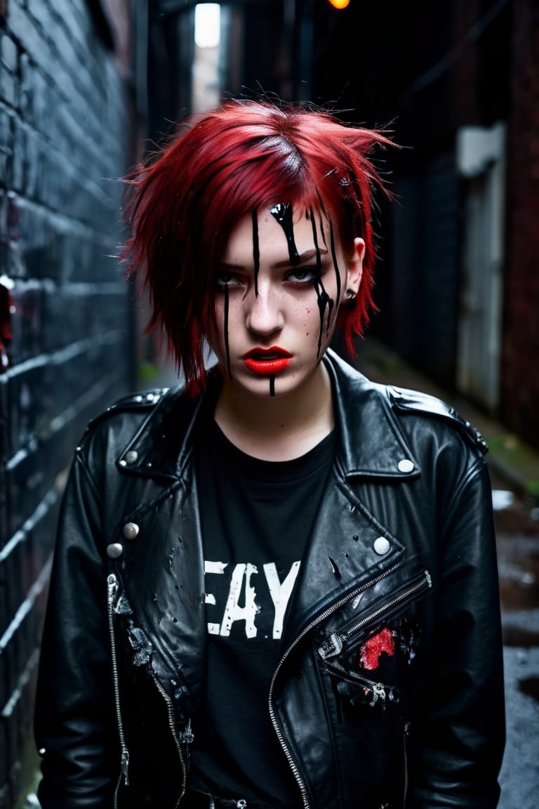 teenage girl on a backstreet alley, teary eyes, teenage outfit, black and red hair, serious fashion style, dark theme style, punk style, short hair, black background, black paint dripping heavily from eyes and mouth