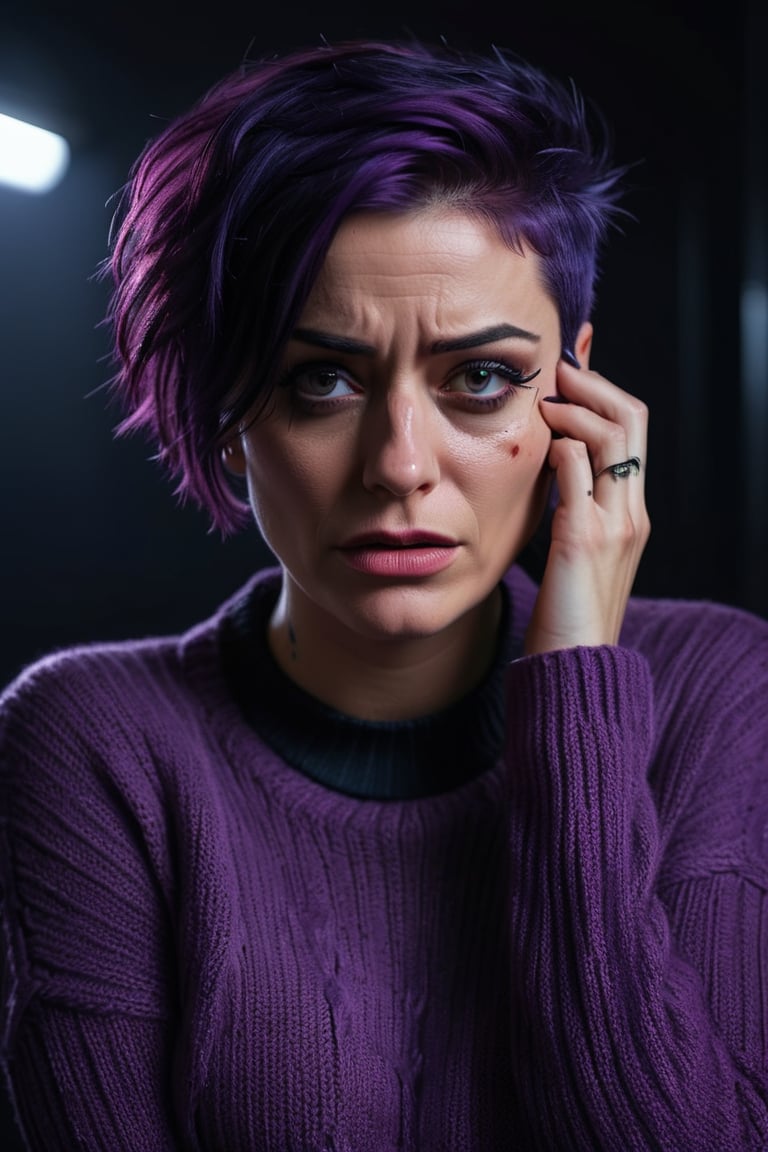 A highly detailed portrait of a stunningly Raven in tight and form-fitting sweater and jeans, purple eyes, short purple hair tied up, crying awkward expression, ((blush under eyes)), camera in front, (Looking directly at the camera), ((dark room background)), ((ultra detailed)), ((beautiful)), ((4k)), ((8k)), Art style of Arthenin