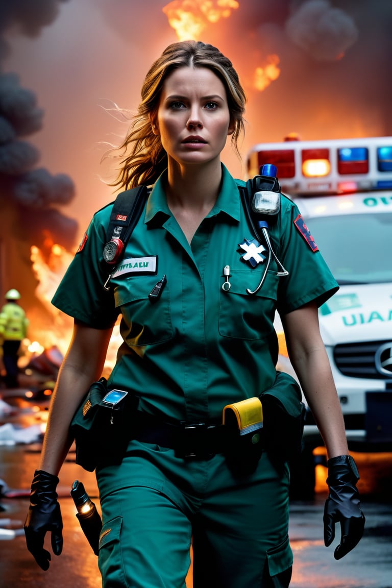 In a captivating portrayal of heroism, imagine an ultra-realistic depiction of a female paramedic amid the chaos of an emergency scene. With intense focus, her determined gaze reflects the gravity of her life-saving mission. Every detail, from the intricate folds of her uniform to the subtle tension in her gloved hands, conveys the urgency of her role. The dynamic lighting casts shadows that accentuate her resilience, capturing the essence of compassion and strength that defines her as a lifesaving presence in the midst of crisis.