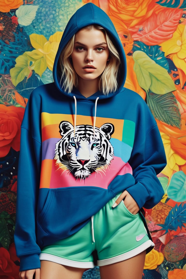 "Breathtakingly beautiful woman wearing oversize brend hoodie, shorts and sneackers", zentangl background, ultra detailed clothes, surrealism, abstract, absurdes, symbolism, trending on youthful magazines, movie wallpaper, picture by Linnea Strid, Guy Aroch, Flora Borsi, Stefan Gessel, Chuck Close,colorful