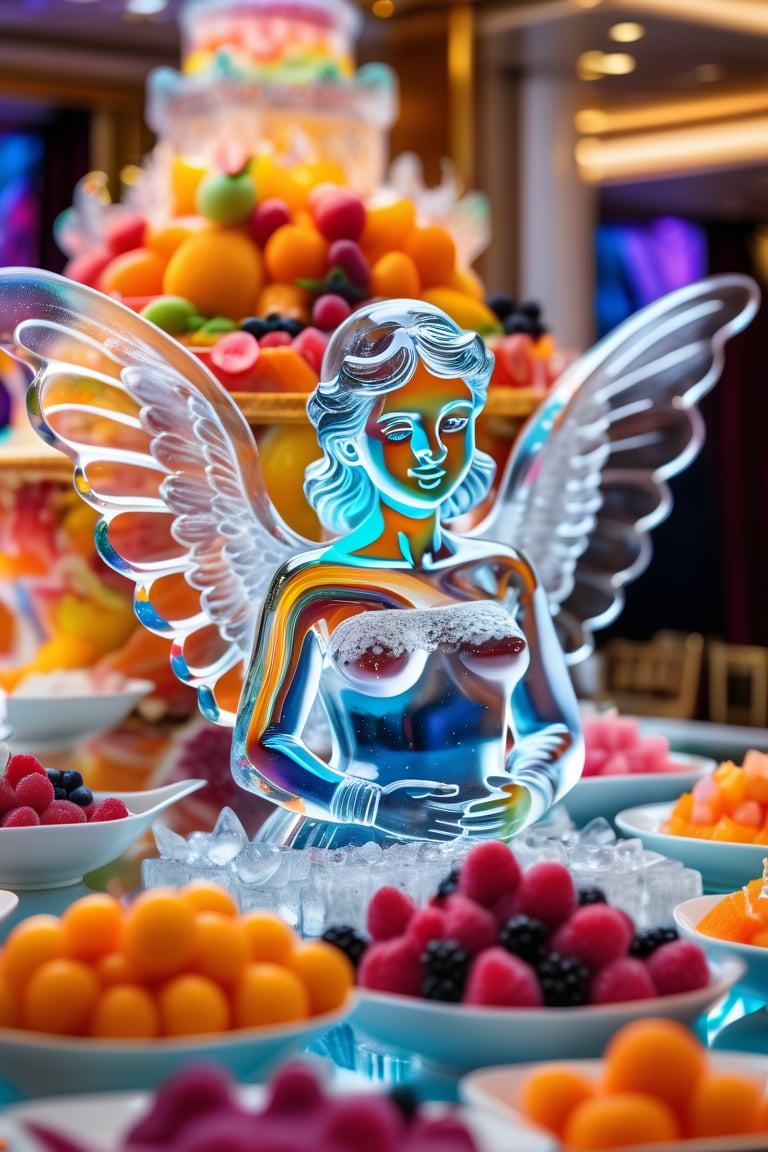 intricate angel ice sculpture on elaborate food buffet table, surrounded by vivid colorful food, colorful reflections, extreme close-up, cruise ship dining room background bokeh