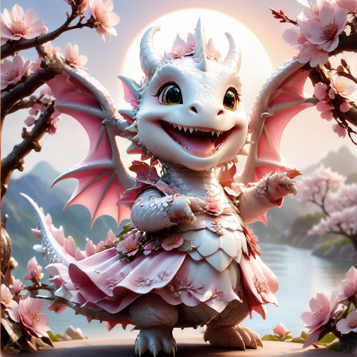  portrait of cute dragon,(singing pose), high quality,() ,intricate details, highly detailed dress ,smile,highly detailed flower decorations, long tail , (wind effect), cherry_blossom background,sun light,perfect lighting,(full body image:1.5),more detail XL,,cute dragon,sticker,ULTIMATE LOGO MAKER [XL],disney pixar style