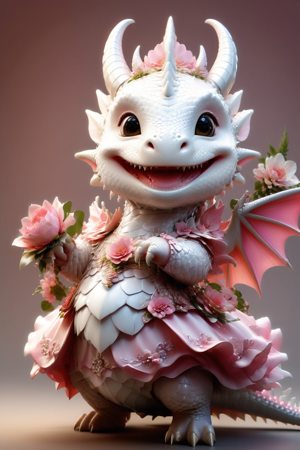 photorealistic portrait of Dressed animals - a fat baby white dragon maid,(dancing pose), high quality,(lovely) ,intricate details, highly detailed pink((princess dress)) ,smile,highly detailed flower decorations, long tail , (happy ), studio lighting,(half body image:1.5),more detail XL,(viewed from side:2.0),cute dragon