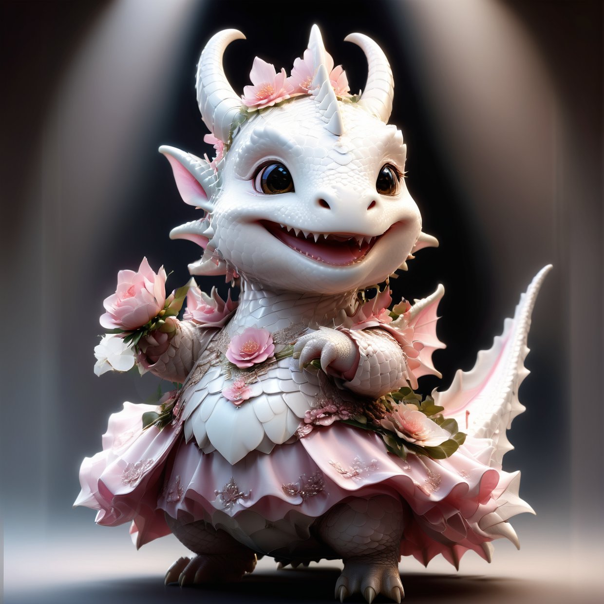 photorealistic portrait of Dressed animals - a fat baby white dragon maid,(dancing pose), high quality,(lovely) ,intricate details, highly detailed pink((princess dress)) ,smile,highly detailed flower decorations, long tail , (happy ), studio lighting,(full body image:1.5),more detail XL,(),cute dragon