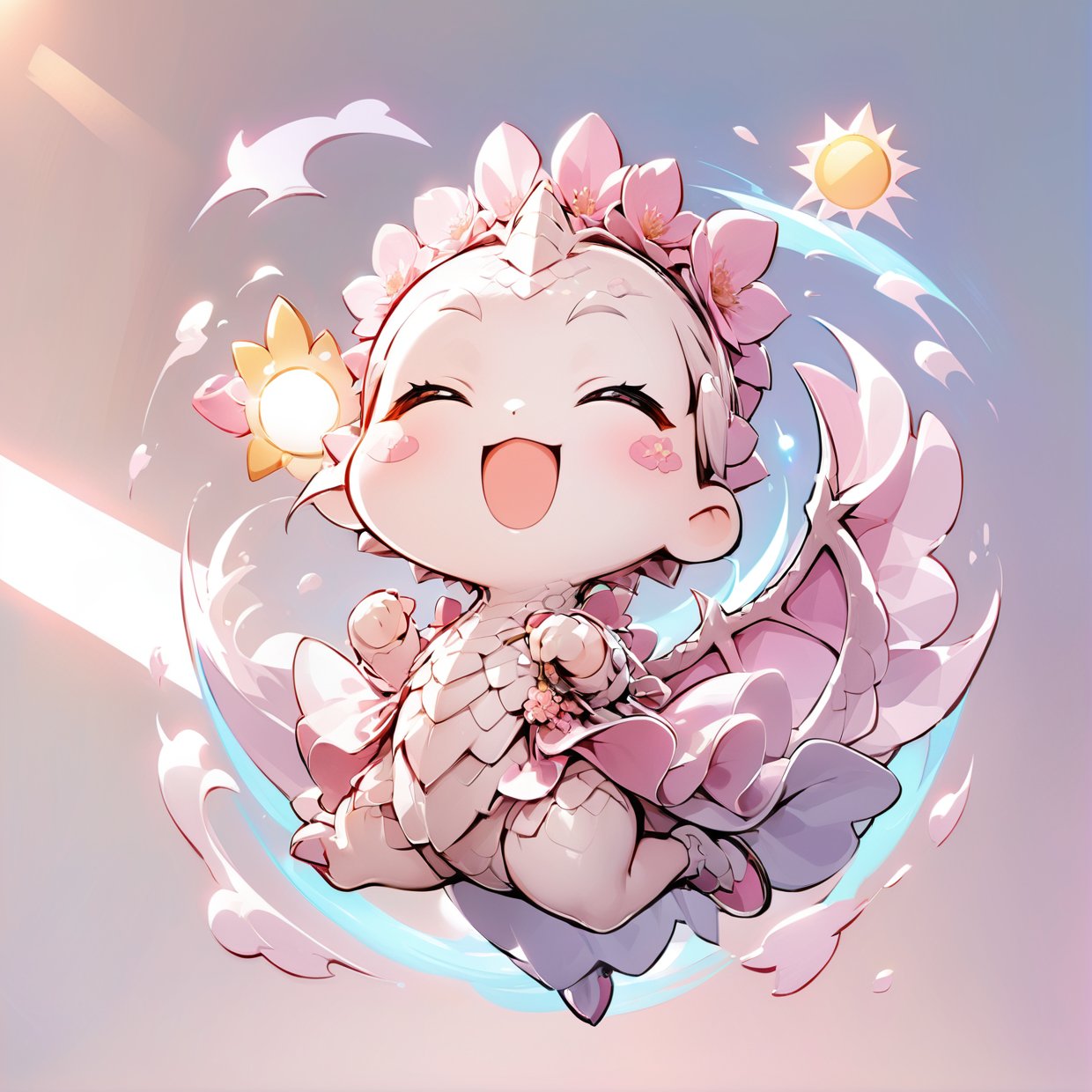  portrait of cute dragon,(dynamic  pose), high quality,(happy atmosphere) ,,smile, , (wind effect), cherry_blossom background,sun light,(full body image:1.5),,,cute dragon,sticker