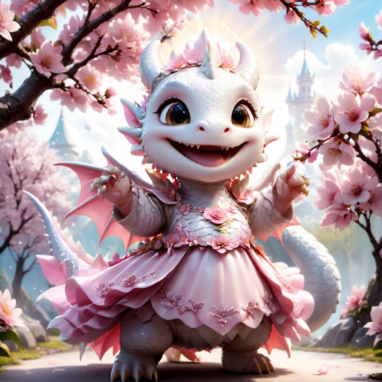  portrait of cute dragon,(singing pose), high quality,() ,intricate details, highly detailed dress ,smile,highly detailed flower decorations, long tail , (wind effect), cherry_blossom background,sun light,perfect lighting,(full body image:1.5),more detail XL,,cute dragon,sticker,ULTIMATE LOGO MAKER [XL],disney pixar style