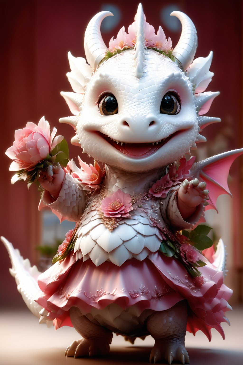 photorealistic portrait of Dressed animals - a fat baby white dragon maid,(dancing pose), high quality,(lovely) ,intricate details, highly detailed pink((princess dress)) ,smile,highly detailed flower decorations, long tail , (happy ), studio lighting,(full body image:1.5),more detail XL,(),cute dragon