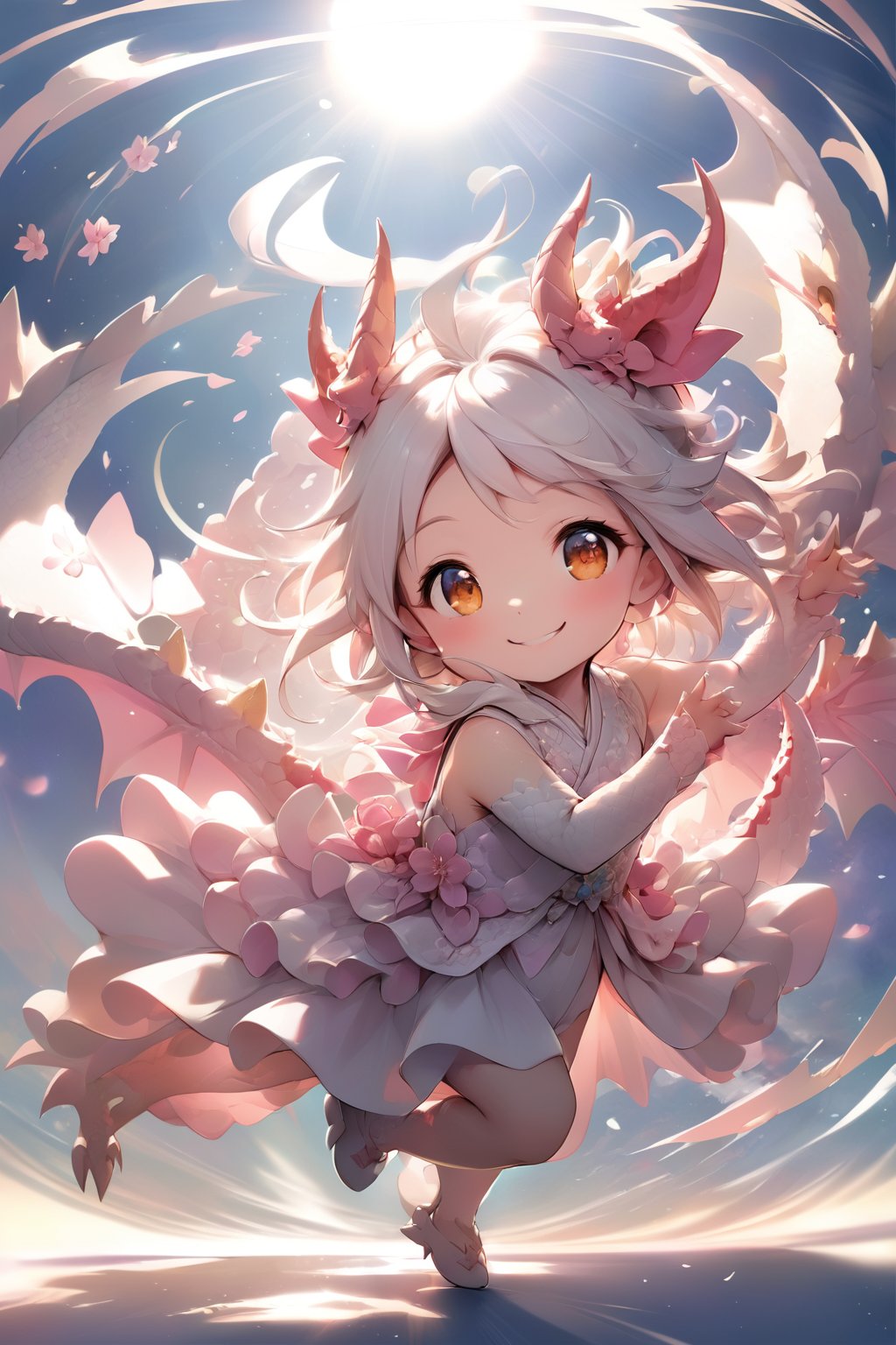  portrait of cute dragon,(dynamic  pose), high quality,(happy atmosphere) ,,smile, , (wind effect), cherry_blossom background,sun light,(full body image:1.5),,,cute dragon,