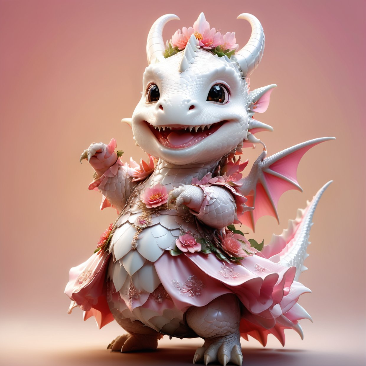 photorealistic portrait of Dressed animals - a fat baby white dragon maid,(dancing pose), high quality,(lovely) ,intricate details, highly detailed pink((princess dress)) ,big smile,highly detailed flower decorations, long tail , (happy ), studio lighting,(half body image:1.5),more detail XL,(viewed from side:2.0),cute dragon