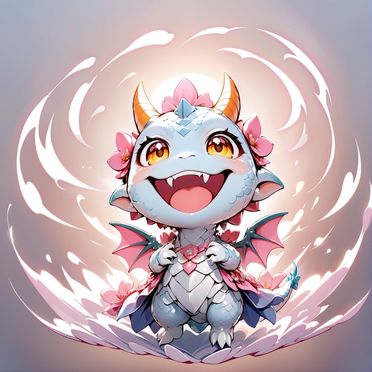  portrait of cute dragon,(dynamic  pose), high quality,(happy atmosphere) ,,smile, , (wind effect), cherry_blossom background,sun light,(full body image:1.5),,,cute dragon,sticker