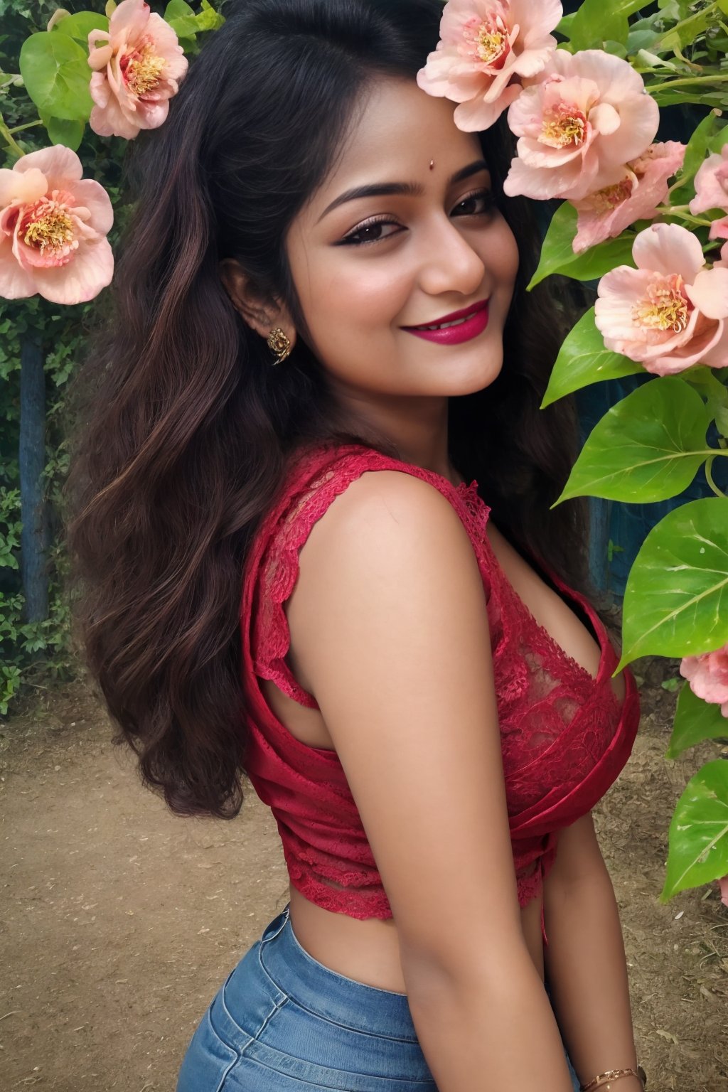 Indian 21 years old girl, Instagram model Aaheli, fashion portrait, smiling face, red bindi, ((full portrait shoot)), ((big cleavage)), masterpiece, wearing black top and tore jeans, supermodel, ((big eye)), ((flower in hair)), (elegant model), a Horney look, outdoor,  jewelry, makeup with lipstick, model posing, curly hair on solder, black hair, realistic skin, pale skin, ((perfect_breast)), cylindrical body shape, cute girl, front facing, low angle camera, make-up and have lipstick, sexy pose, beautiful lace, smokey_eyes_makeup, super_red_lips, INDIA