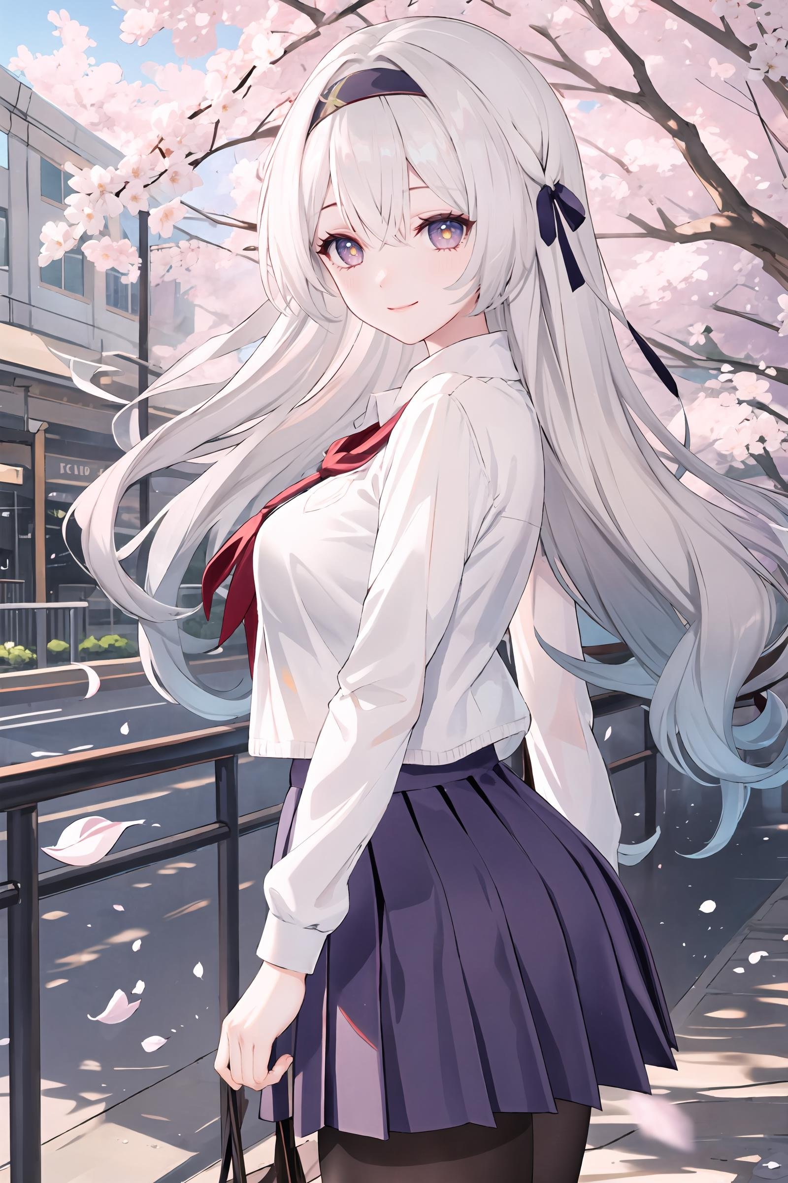 1girl, firefly \(honkai: star rail\), hairband, solo, school uniform, white shirt, sweater, pleated skirt, pantyhose, light smile, looking at viewer, outdoors, street, cherry blossoms, petals, depth of field, masterpiece