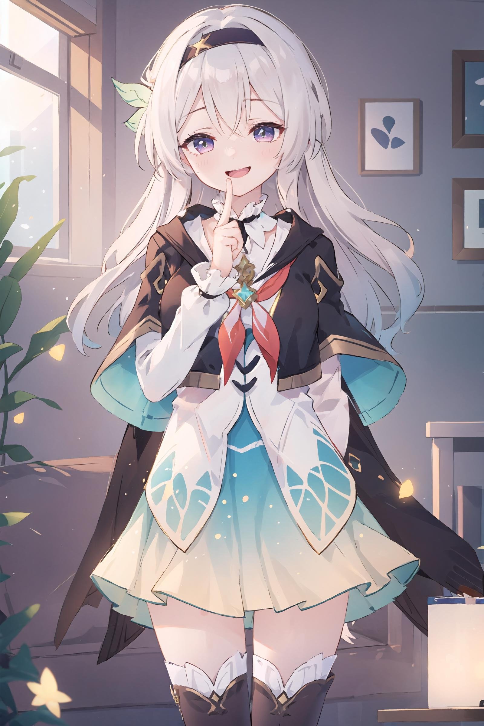 1girl, firefly \(honkai: star rail\), solo, black thighhighs, hairband, gradient skirt, hair ornament, blouse, cropped jacket, yellow neckerchief, standing, <lora:face-sensualface_type2:0.8>, gasping, smile, ecstasy, finger to mouth, arm behind back, living room, masterpiece