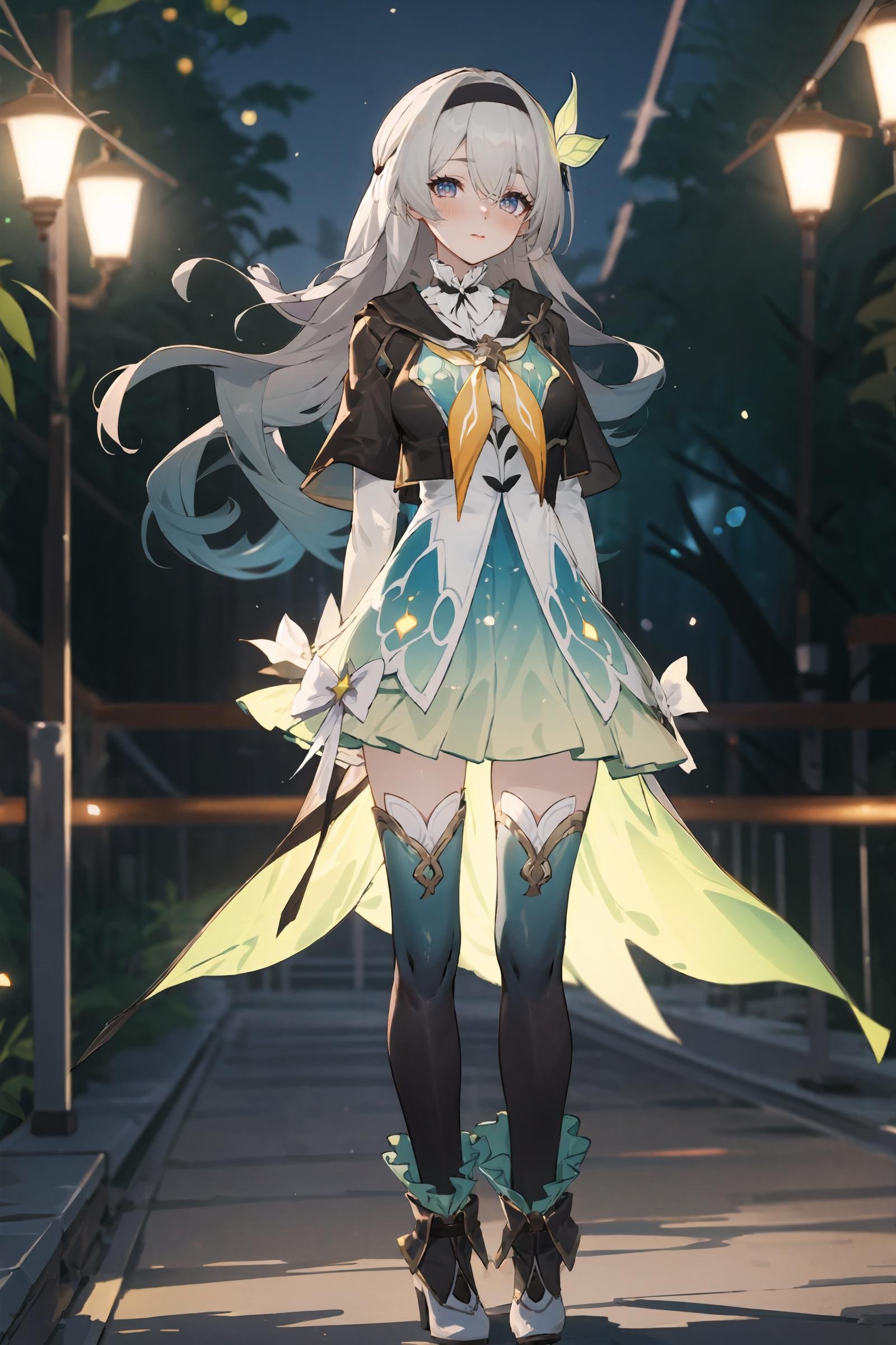 1girl, firefly \(honkai: star rail\), solo, black thighhighs, hairband, gradient skirt, hair ornament, blouse, frilled boots, cropped jacket, yellow neckerchief, full body, standing, street, night, bokeh, market, looking at viewer, blush, pout, arms behind back, masterpiece