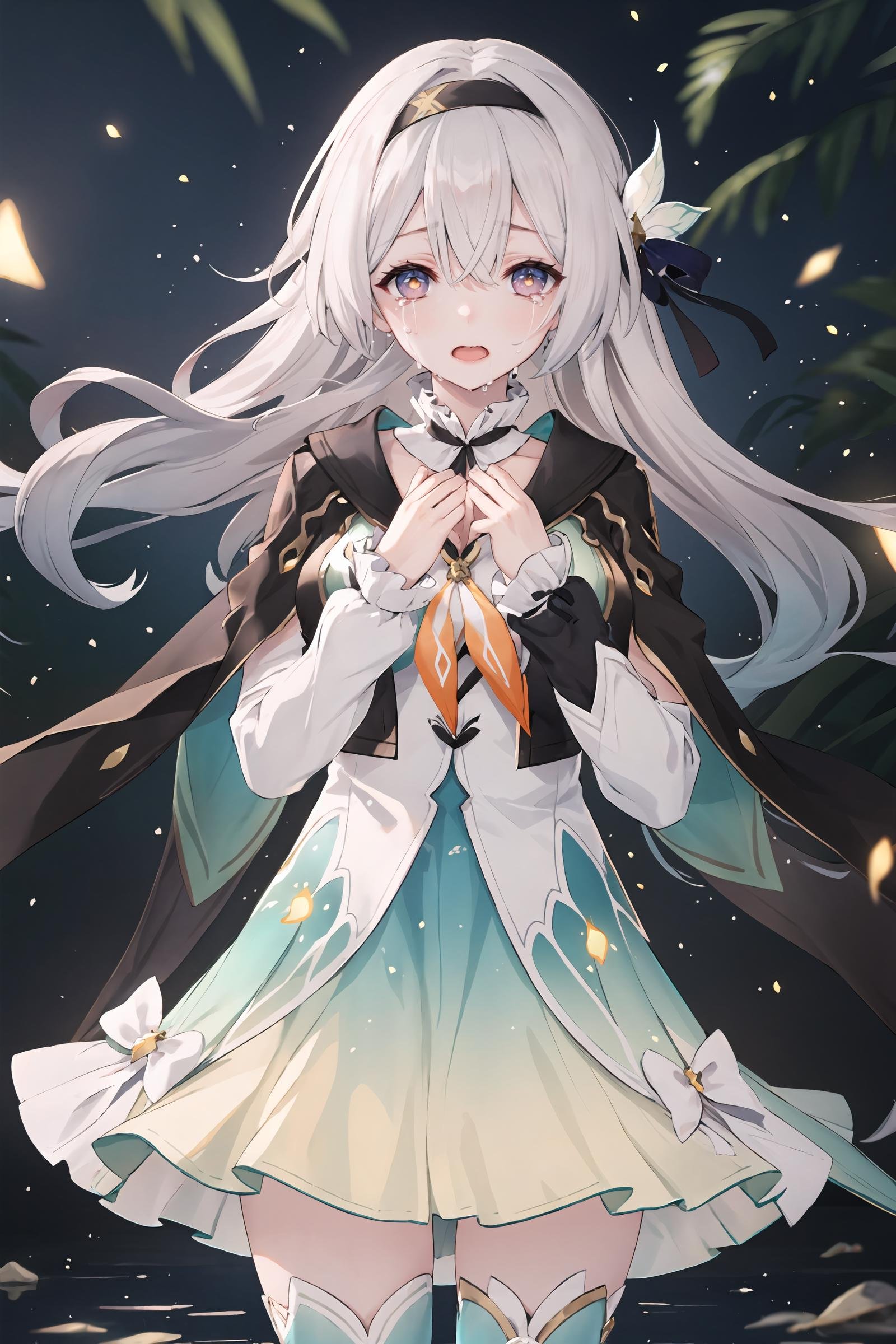 1girl, firefly \(honkai: star rail\), solo, black thighhighs, hairband, gradient skirt, hair ornament, blouse, cropped jacket, yellow neckerchief, cowboy shot, standing, floating, floating hair,  depth of field, hands on own chest, crying with eyes open, bokeh, fireflies, night, masterpiece