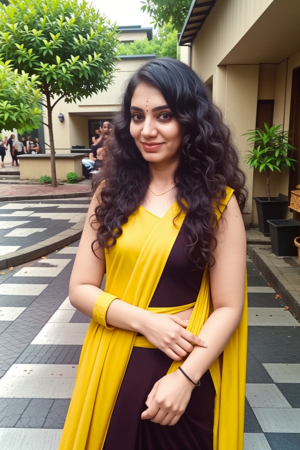 Saree, 1girl, solo, yellow saree, long hair:2, black hair, long sleeves, dress, jewelry, earrings, outdoor, realistic, This breathtaking photograph, shot on a Canon 1DX with a 50 mm f/2.8 lens, beautifully showcases the raw and authentic beauty of life. high resolution 8k image quality, saree ,sari,CyberpunkWorld,Indian,<lora:659111690174031528:1.0>