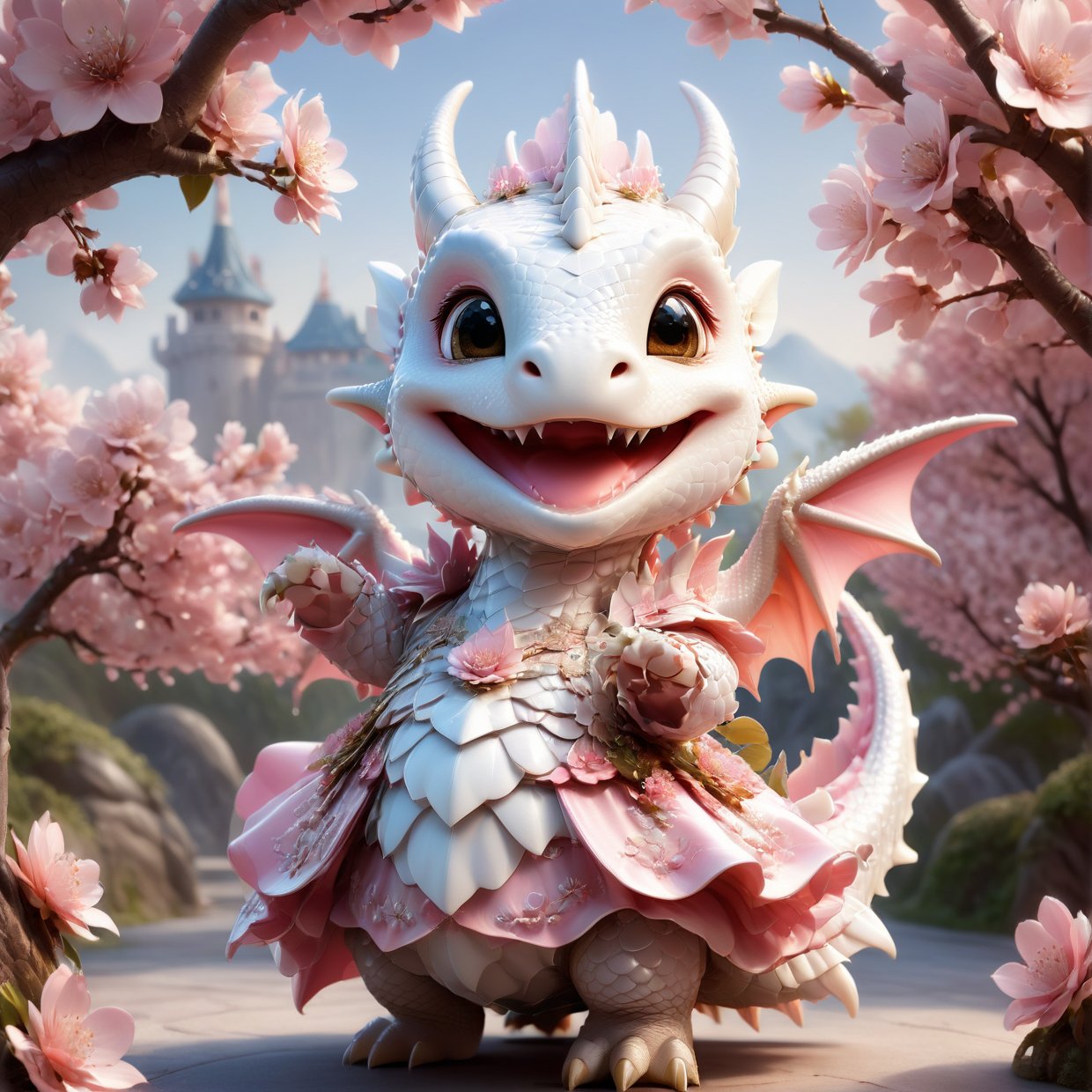  portrait of cute dragon,(singing pose), high quality,() ,intricate details, highly detailed dress ,smile,highly detailed flower decorations, long tail , (wind effect), cherry_blossom background,sun light,perfect lighting,(full body image:1.5),more detail XL,,cute dragon,sticker,ULTIMATE LOGO MAKER [XL],disney pixar style