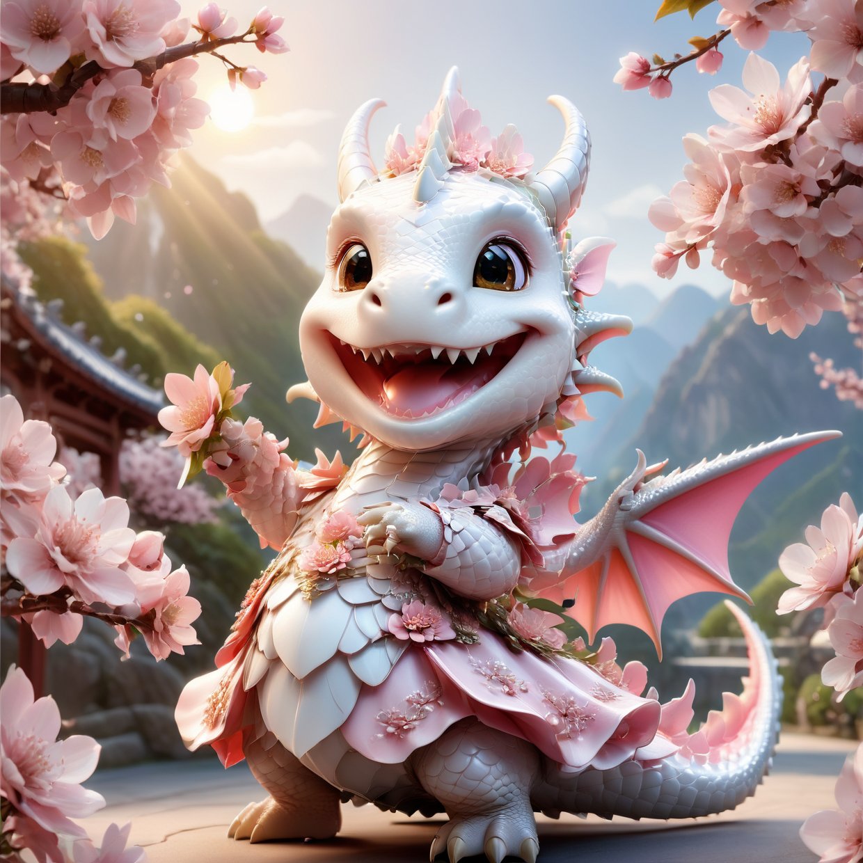  portrait of cute dragon,(singing pose), high quality,() ,intricate details, highly detailed dress ,smile,highly detailed flower decorations, long tail , (wind effect), cherry_blossom background,sun light,perfect lighting,(full body image:1.5),more detail XL,,cute dragon,sticker,ULTIMATE LOGO MAKER [XL],disney pixar style