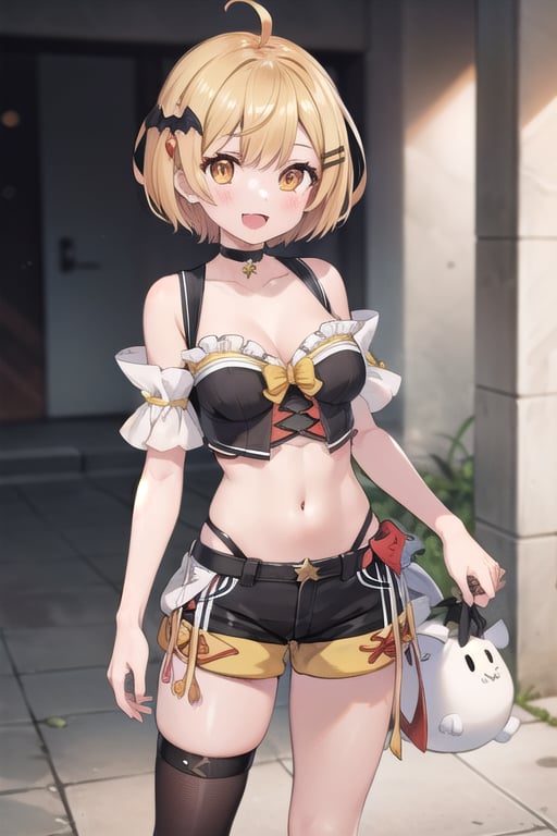 2d, masterpiece, best quality, anime, highly detailed face, highly detailed eyes, highly detailed background, perfect lighting, full body, 1girl, solo, yozora mel, vampire, bat hair ornament, hairclip, short hair, ahoge, revealing clothes, navel, bare shoulders, black crop top, short shorts, choker, frills, :d, standing, asymmetrical legwear 