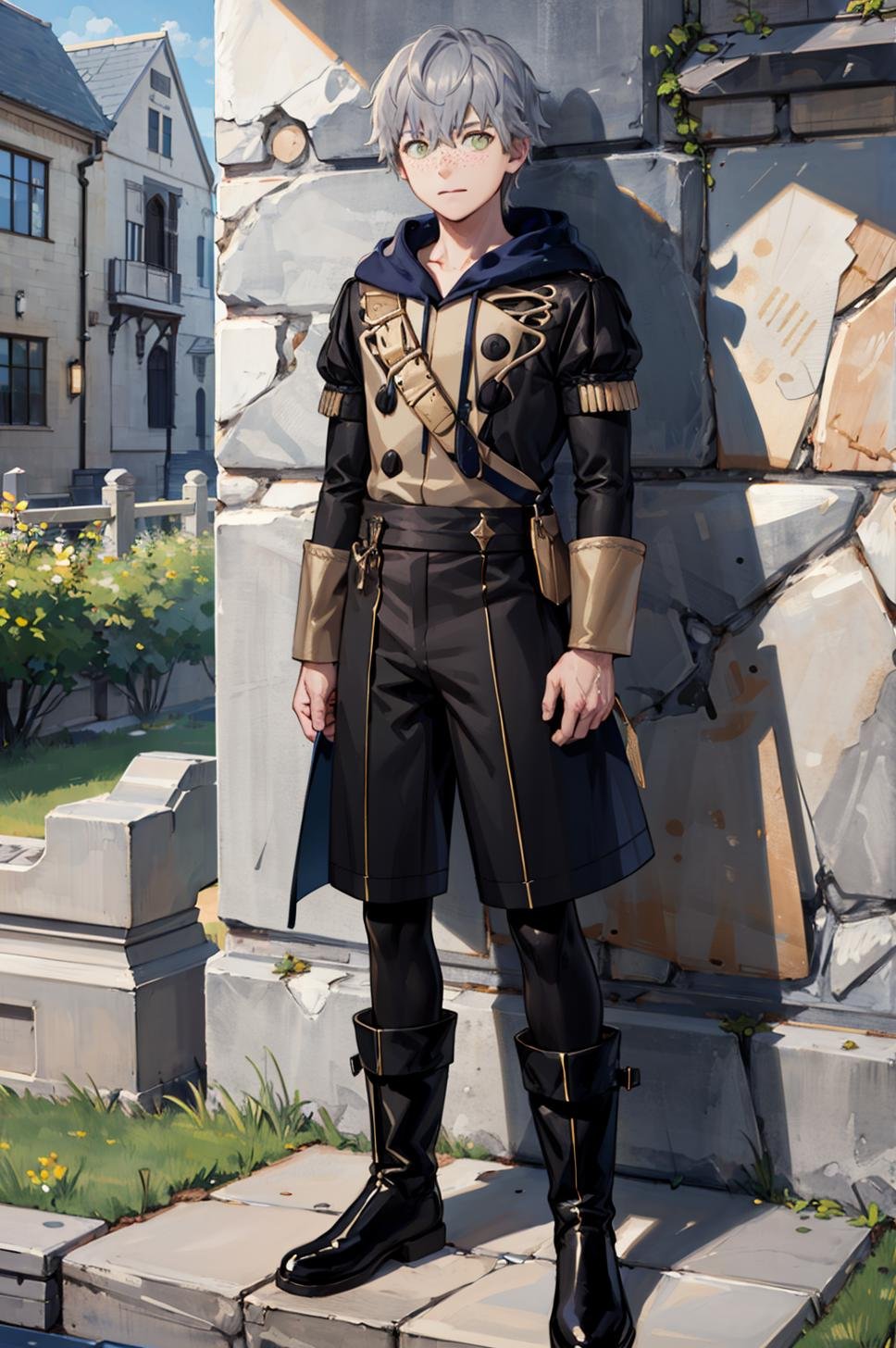 masterpiece, monastery, stone wall, 1boy, full body, solo, looking at viewer, surprised, freckles, <lora:AsheFE:0.85> defAshe, garreg mach monastery uniform, boots, long sleeves