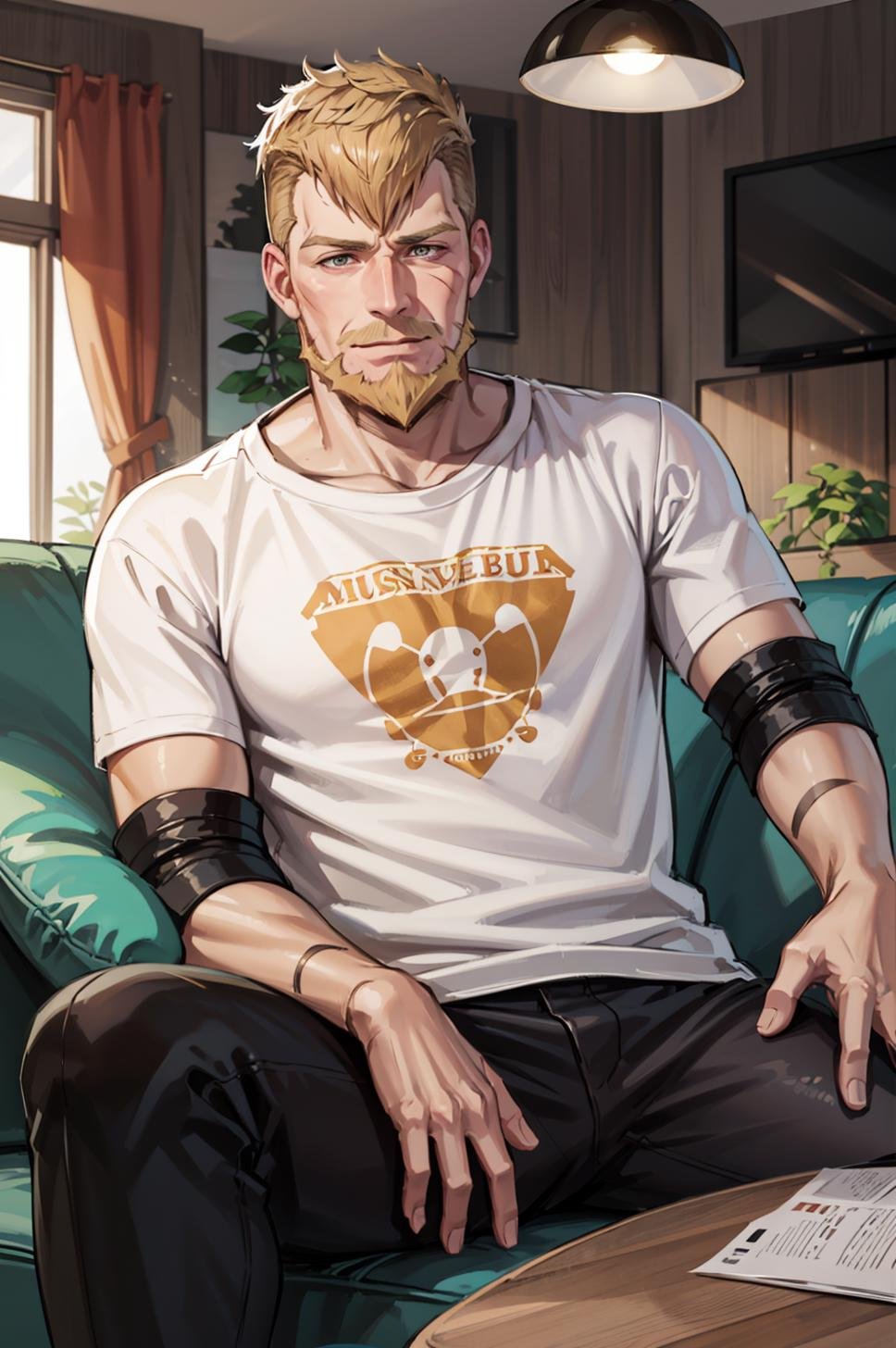 highest quality, indoors, house, 1boy, solo, sitting, couch, television, <lora:JeraltFE3H:0.8> jeraltFE, t shirt, beard, scar on face, mature male, muscular, scar across eye, undercut