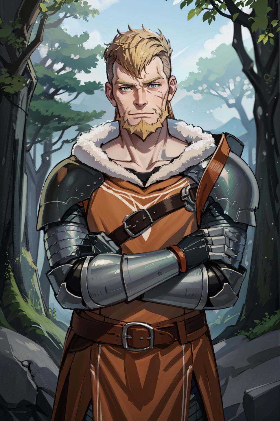 highest quality, forest, 1boy, solo, looking at viewer, slight smile, arms crossed, <lora:JeraltFE3H:0.8> jeraltFE, armor, fur trim, belt, fingerless gloves, gauntlets, beard, scar on face, pauldrons, mature male, scar across eye, undercut