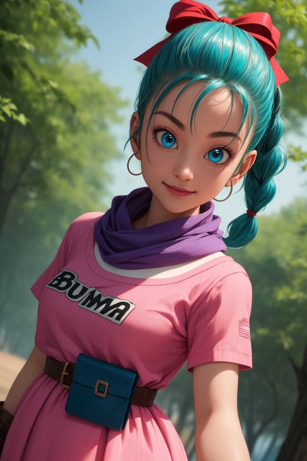 bulma, 1girl, solo, blue eyes, blue hair, aqua hair, single braid, braided ponytail, hair ribbon, red ribbon, hair bow, earrings, short dress, pink dress, vertical-striped dress, short sleeves, belt, clothes writing, brown gloves, single glove, purple scarf, smile,closed mouth,cowboy shot,forest,outdoor,(insanely detailed, beautiful detailed face, masterpiece, best quality) cinematic lighting,<lora:DB_Bulma_v1:1>, <lora:more_details:0.3>,