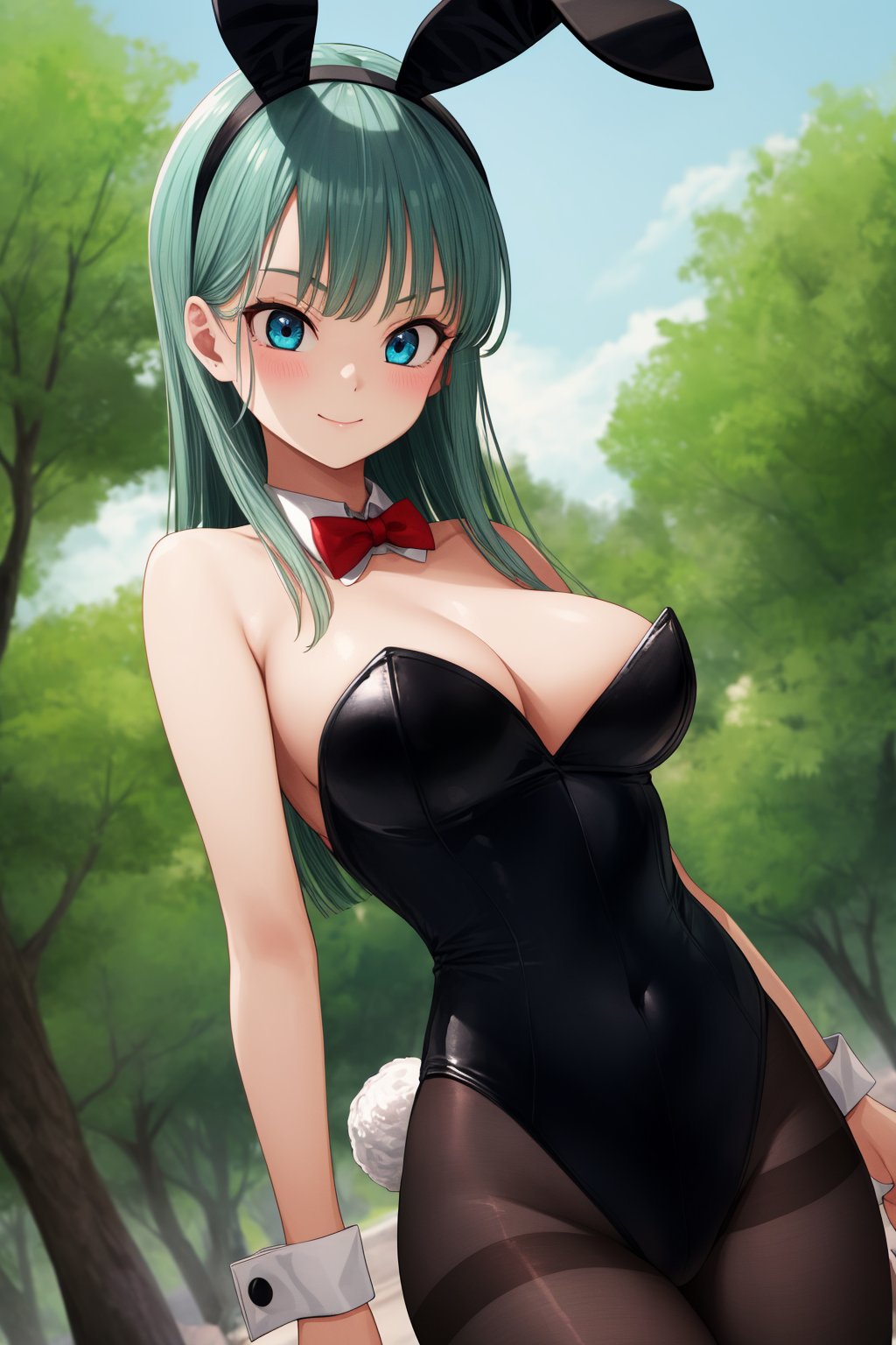 bulma, 1girl, solo, blue eyes, blue hair, aqua hair, long hair, bangs, straight hair,playboy bunny, black leotard, strapless leotard, cleavage, bare shoulders, purple pantyhose, red bowtie, wrist cuffs, rabbit ears, rabbit tail,smile,closed mouth,cowboy shot,forest,outdoor,(insanely detailed, beautiful detailed face, masterpiece, best quality) cinematic lighting,<lora:DB_Bulma_Bunny_v1:1>, <lora:more_details:0.3>,