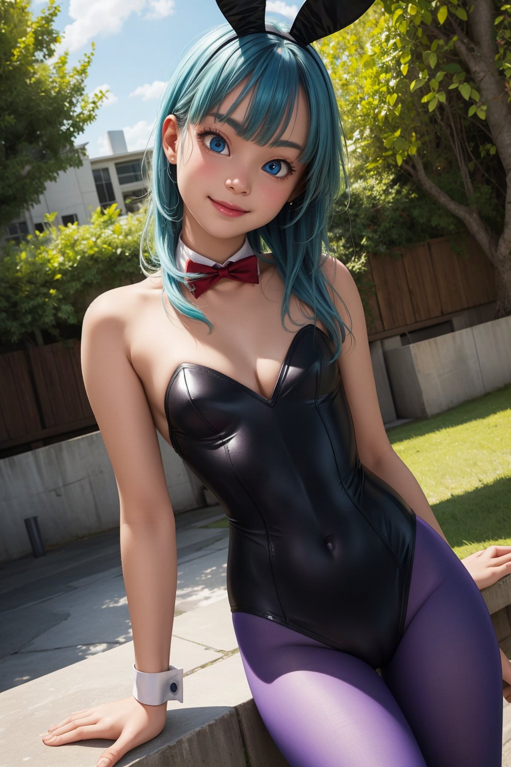 bulma, 1girl, solo, blue eyes, blue hair, aqua hair, long hair, bangs, straight hair, playboy bunny, black leotard, strapless leotard, cleavage, bare shoulders, purple pantyhose, red bowtie, wrist cuffs, rabbit ears, rabbit tail, smile,closed mouth,cowboy shot,forest,outdoor,(insanely detailed, beautiful detailed face, masterpiece, best quality) cinematic lighting,<lora:DB_Bulma_Bunny_v1:1>, <lora:more_details:0.3>,