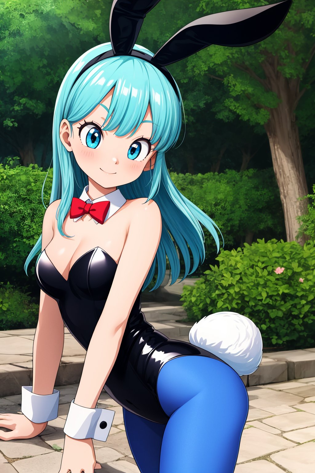 bulma, 1girl, solo, blue eyes, blue hair, aqua hair, long hair, bangs, straight hair,playboy bunny, black leotard, strapless leotard, cleavage, bare shoulders, purple pantyhose, red bowtie, wrist cuffs, rabbit ears, rabbit tail,smile,closed mouth,cowboy shot,forest,outdoor,(insanely detailed, beautiful detailed face, masterpiece, best quality) cinematic lighting,<lora:DB_Bulma_Bunny_v1:1>, <lora:more_details:0.3>,