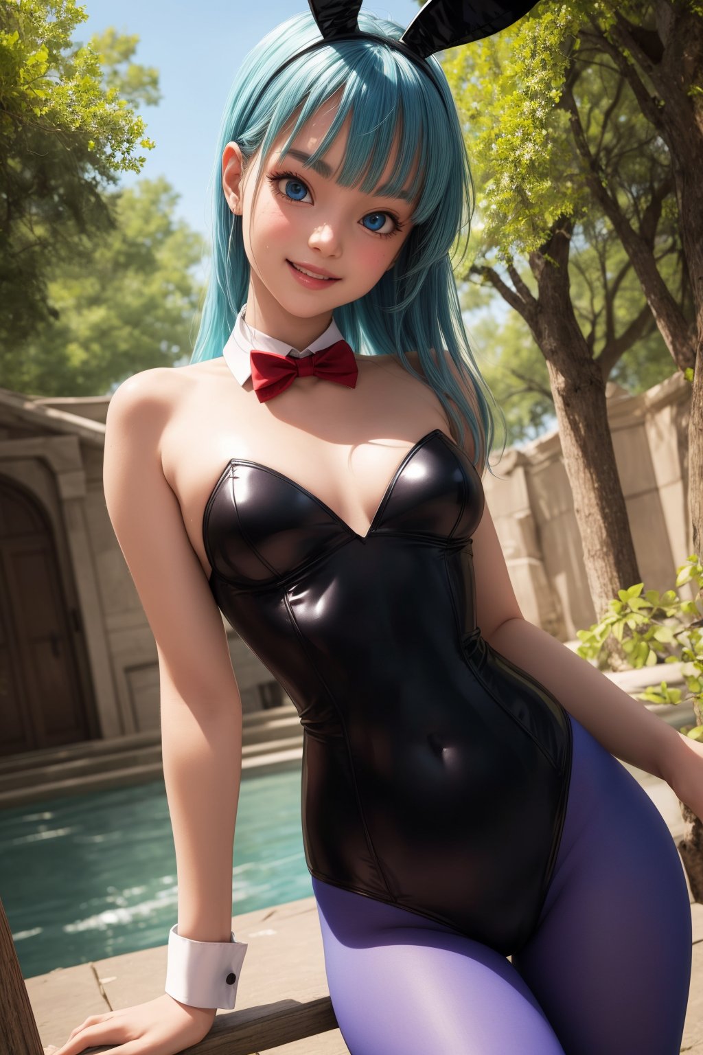 bulma, 1girl, solo, blue eyes, blue hair, aqua hair, long hair, bangs, straight hair, playboy bunny, black leotard, strapless leotard, cleavage, bare shoulders, purple pantyhose, red bowtie, wrist cuffs, rabbit ears, rabbit tail, smile,closed mouth,cowboy shot,forest,outdoor,(insanely detailed, beautiful detailed face, masterpiece, best quality) cinematic lighting,<lora:DB_Bulma_Bunny_v1:1>, <lora:more_details:0.3>,