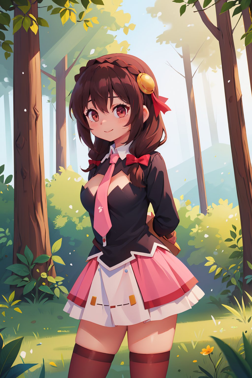 (masterpiece, best quality:1.2), solo, 1girl, yunyun, smile, looking at viewer, arms behind back, crown braid, hair ornament, hair bow, pink necktie, long sleeves, pink skirt, thighhighs, cleavage, outdoors, forest <lora:konosuba_yunyun:1>