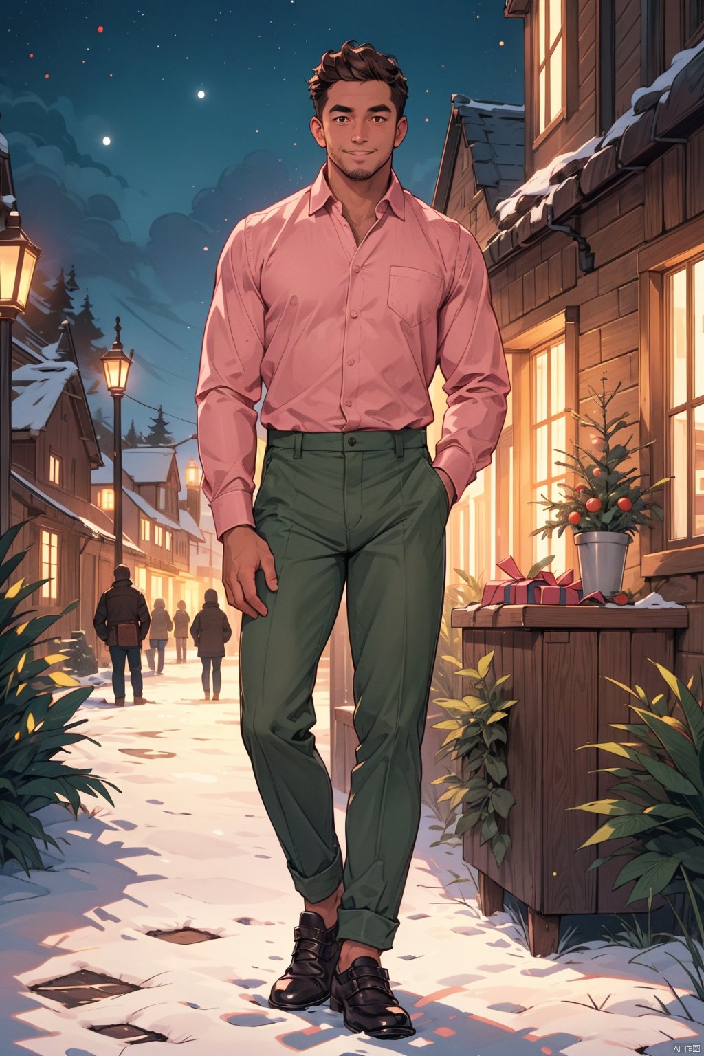  realistic, masterpiece, best quality, highres, ultra-detailed, hdr, 8k uhd, dslr, raw photo, high detailed skin,
1man,facial hair,full body,looking at viewer,smile,pink striped shirt,collared shirt,long sleeves,khaki brown pants,shirt tucked in, leather shoes,hand in pocket,standing,christmas, christmas eve, christmas house