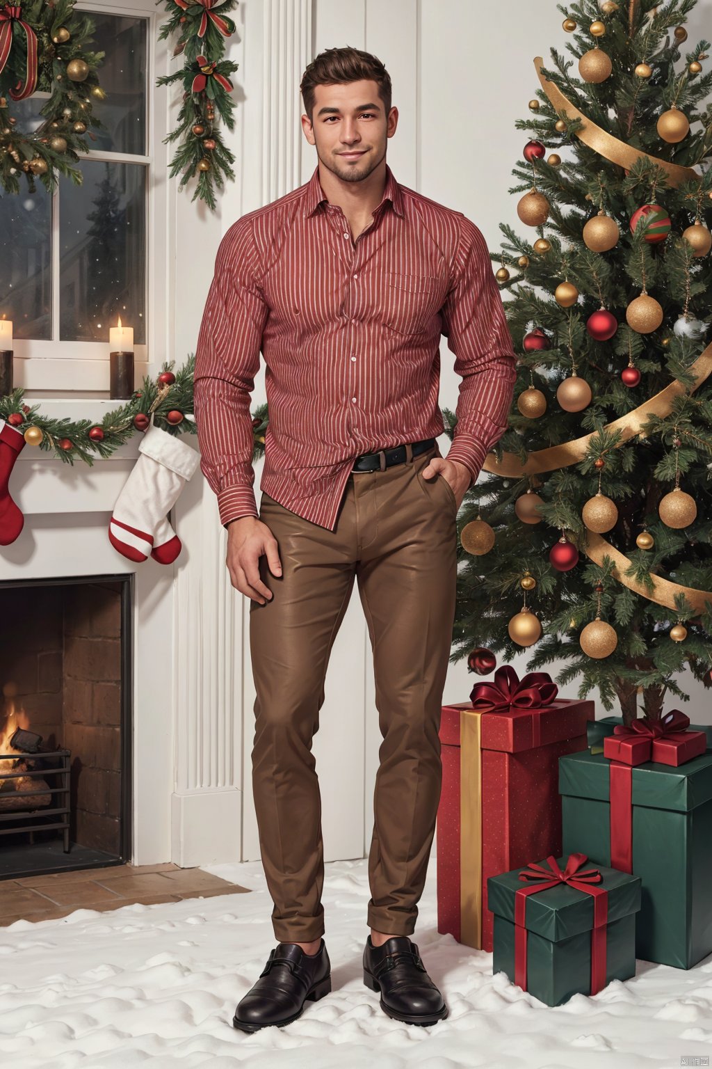  realistic, masterpiece, best quality, highres, ultra-detailed, hdr, 8k uhd, dslr, raw photo, high detailed skin,
1man,facial hair,full body,looking at viewer,smile,red striped shirt,collared shirt,long sleeves,brown pants,shirt tucked in, leather shoes,hand in pocket,standing,christmas, christmas eve, christmas house