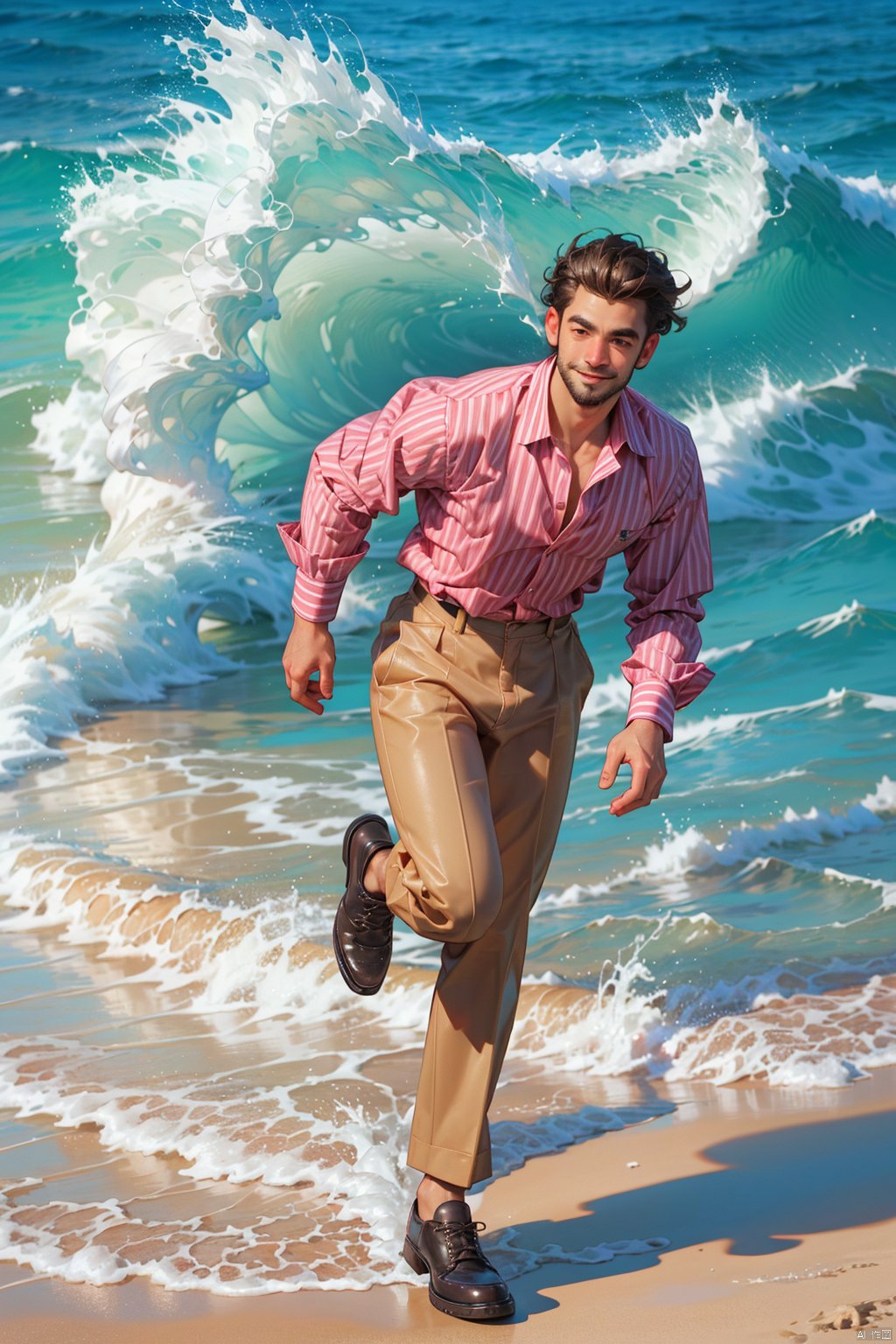  realistic, masterpiece, best quality, highres, ultra-detailed, hdr, 8k uhd, dslr, raw photo, high detailed skin,
1man,facial hair,full body,looking at viewer,smile,pink striped shirt,collared shirt,long sleeves,khaki brown pants,shirt tucked in, leather shoes,running, sea, ocean, waves, Sunlight