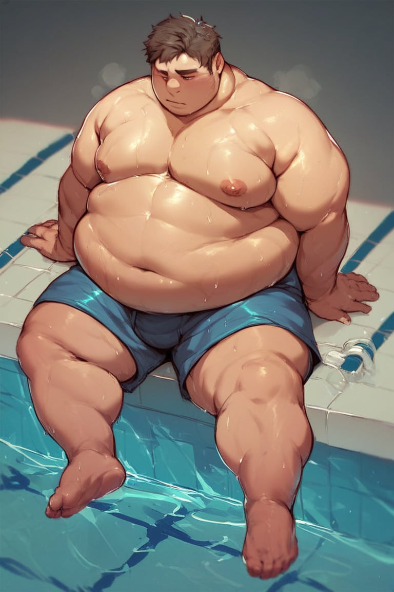 score_8_up, score_7_up, score_6_up, megachubsdxl, male, solo, oveweight, full body, nipples, pool, sweating, feet, sitting, fat, shorts