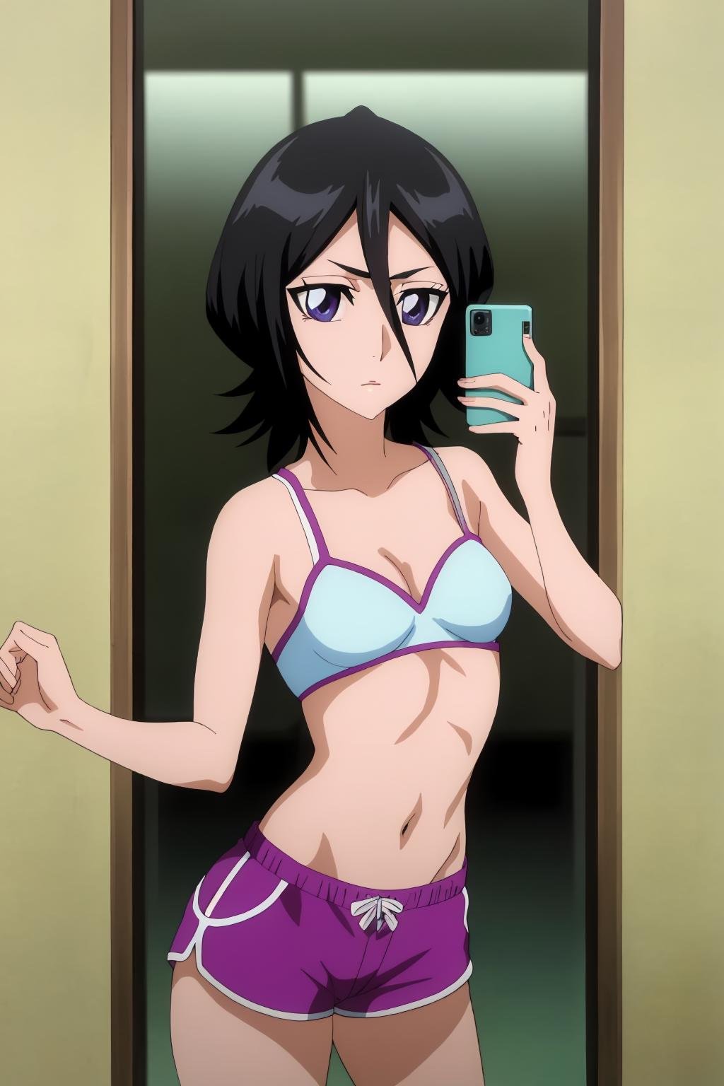 ((best quality)),((highly detailed)),masterpiece,absurdres,detailed face,beautiful face,(detailed eyes, deep eyes),1girl,((dynamic pose)) ,   <lora:RukiaV1:0.8>,Rukia, black hair, breasts, short hair, hair between eyes, purple eyes, small breasts,<lora:animemix_v3_offset:0.8>looking at viewer, small breasts, dolphin shorts, <lora:dolphin_shorts_v0.1:0.6>, <lora:MirrorSelfieLora:0.8>, anime, mirror selfie, holding phone, cowboy shot