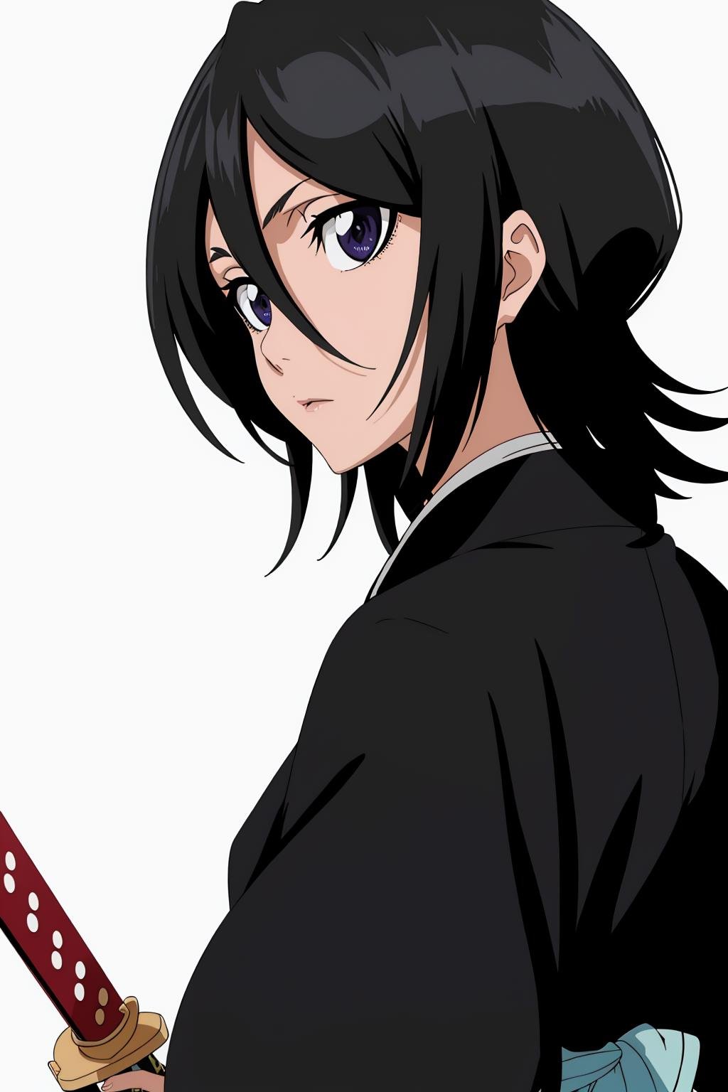 ((best quality)),((highly detailed)),masterpiece,absurdres,detailed face,beautiful face,(detailed eyes, deep eyes),1girl,((dynamic pose)) ,   <lora:RukiaV1:0.8>,Rukia, sword, weapon, black hair, solo, short hair, japanese clothes, purple eyes, katana, hair between eyes, holding, white background, black kimono, haori, kimono, holding sword, holding weapon, simple background, sheath, standing, long sleeves, from behind