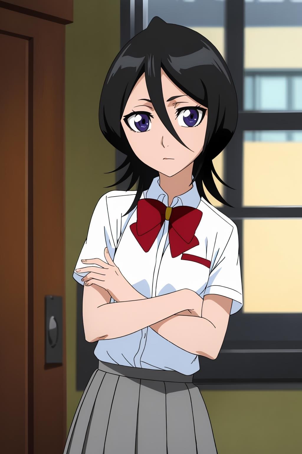 ((best quality)),((highly detailed)),masterpiece,absurdres,detailed face,beautiful face,(detailed eyes, deep eyes),1girl,((dynamic pose)) ,   <lora:RukiaV1:0.8>,Rukia, solo, black hair, hair between eyes, bow, looking at viewer, shirt, school uniform, white shirt, bowtie, red bow, short sleeves, closed mouth, short hair, cowboy shot, red bowtie, purple eyes, blurry, indoors, collared shirt, bangs, dress shirt, shiny hair, standing, ribbon, expressionless, window