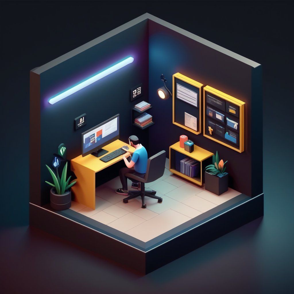 one person it helpdesk, stylized 3d isometric, dark mode,3d isometric,3d style