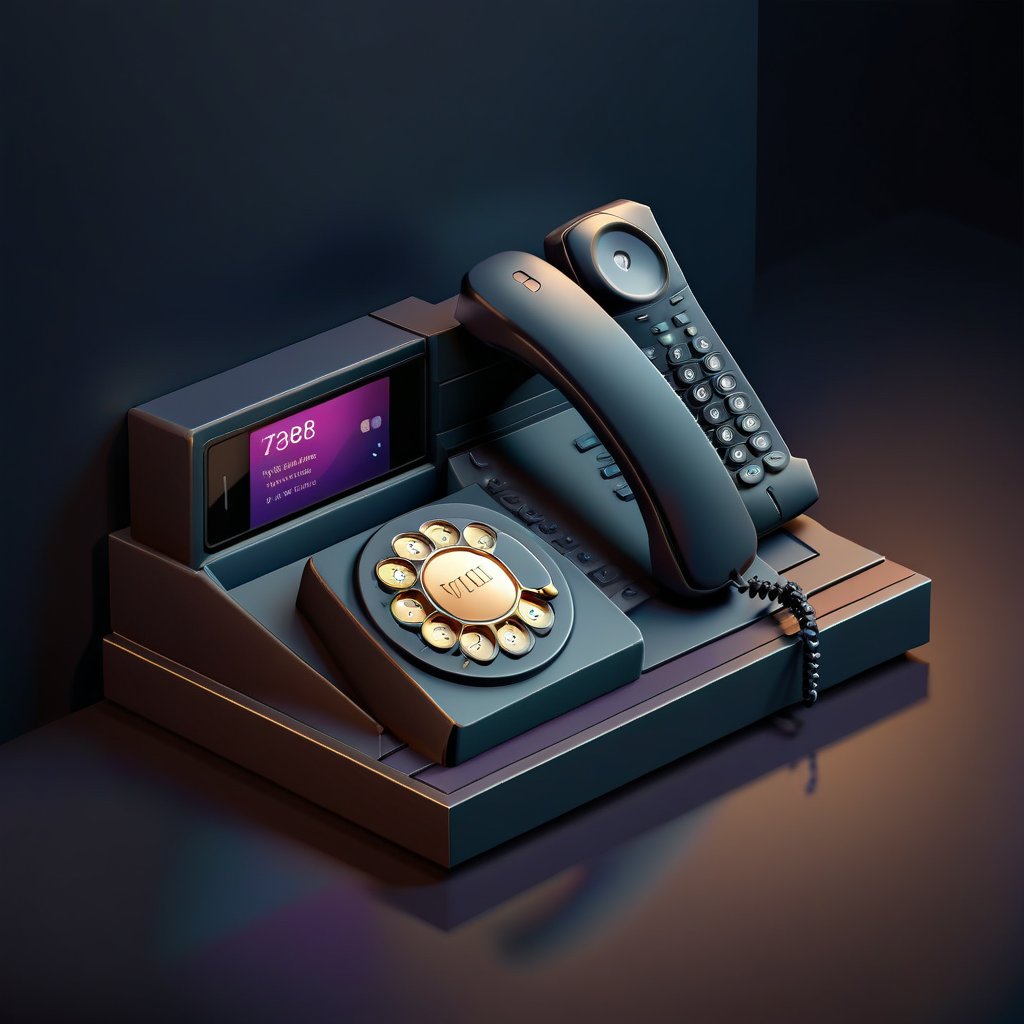 a modern business telephone on a desk, dark mode, empty background,3d isometric style,3d isometric,3d style