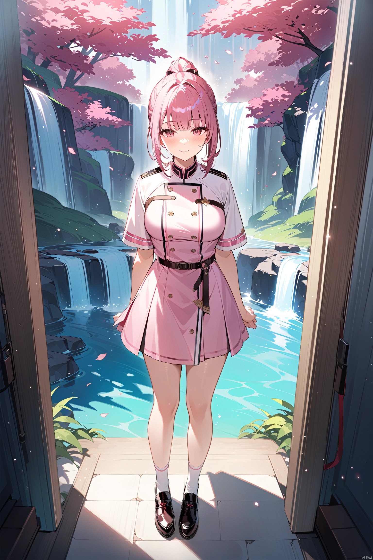 Masterpiece, best quality, official art, extremely detailed CG uniform 8k wallpaper, 1girl, high ponytail, looking at viewer, perspective, standing, smile, full body, waterfall, pink dress, light, light particles,