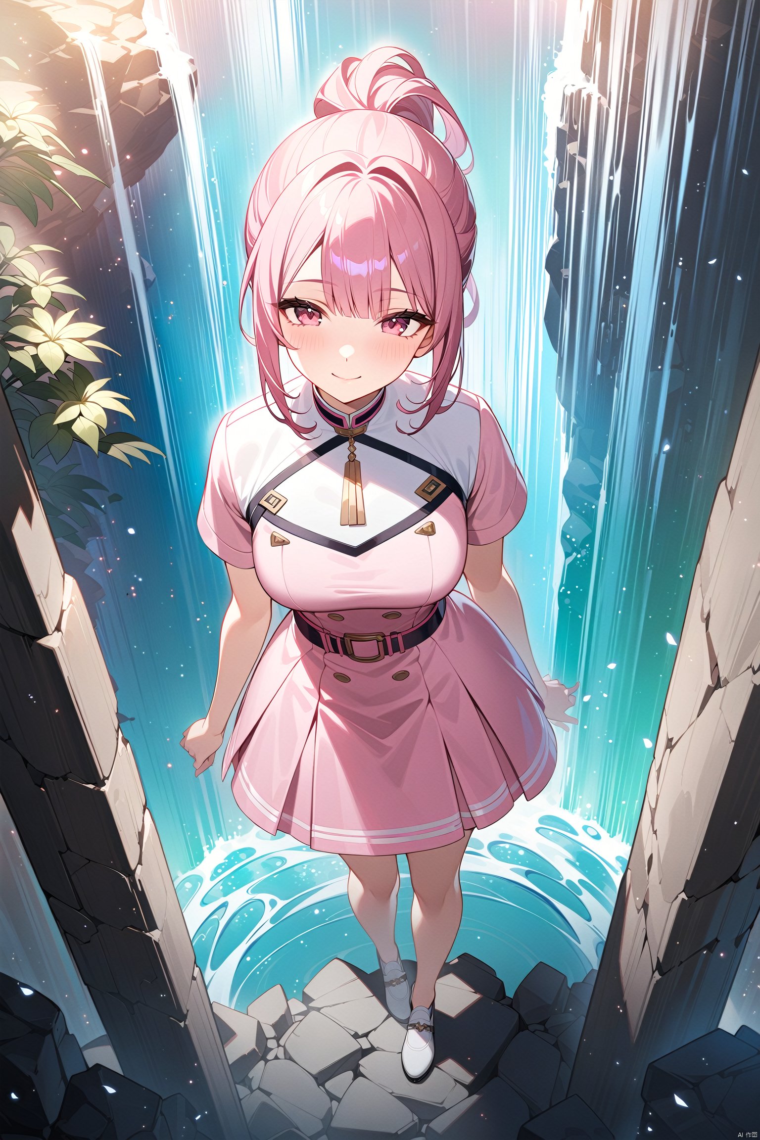  Masterpiece, best quality, official art, extremely detailed CG uniform 8k wallpaper, 1girl, high ponytail, looking at viewer, perspective, standing, smile, full body, waterfall, pink dress, light, light particles,