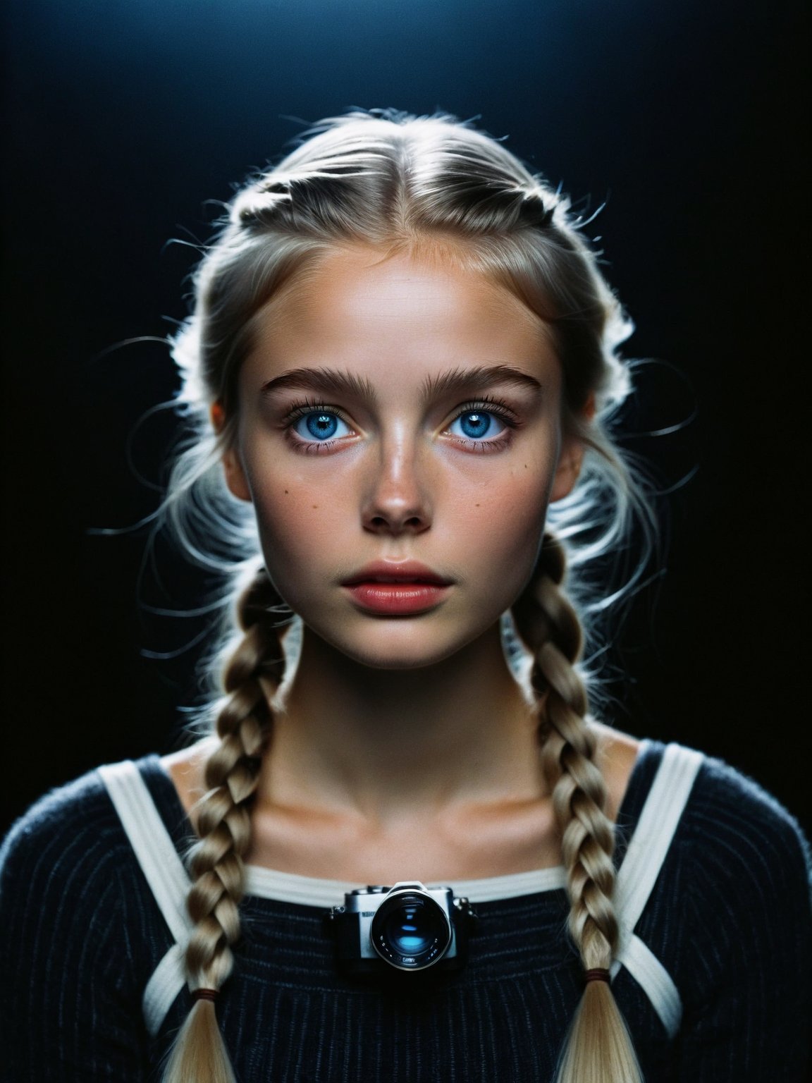 cinematic still medium shot of a young Icelandic woman, ideal face, blue eyes, blonde braids, wearing strap-top, slim and petite body, black background, studio light, raw photo, ISO 800, vellus hair, skin pores, smooth skin, imperfections, extremely detailed skin, badger light, . emotional, harmonious, vignette, highly detailed, high budget, bokeh, cinemascope, moody, epic, gorgeous, film grain, grainy